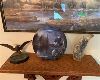 Brass ash tray, collector plate, imitation scrimshaw tooth