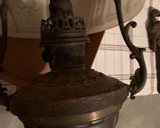 Part of enormous old oil lamp with milk glass shade