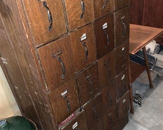 16 drawer Restoration Hardware cabinet -this cabinet contains thousands of pulls, knobs, brasses, castors, nails, screws, locks, wood pieces, electrical pieces and more. Assembled over many years. If you restore furniture this is a must have for your shop!