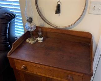 Cherry wash stand, oil lamps, child's antique hoop