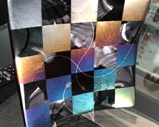Sharron Barrett Studio Art Glass Fused Dichroic Square Plate Signed Art Deco BUY IT NOW $60