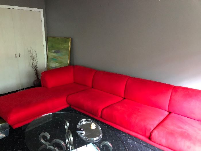 Roche Bobios Red Ultra Suede Memory Foam Sectional Sofa with Chrome Base 35"D X 10'6"L x 28H Chaise area 6.4"L BUY IT NOW $700 OBO
