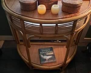 Half Moon Bamboo and Wicker Table with extras