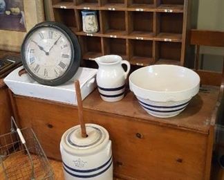 Bench, pottery,  & divided hanging shelf