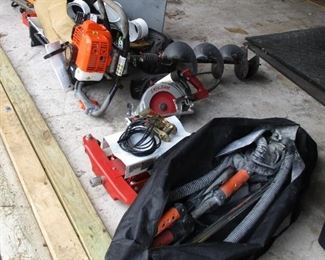 Nice collection of quality power tools for Drywall cutting, circular saw,  Gas powered augur drill for setting fence posts & more
