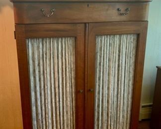 REDUCED! $375.00 now, was $500.00......Fooled ME! Beautiful Lexington Pie Safe Reproduction Cabinet, beveled mirror, inside has shelving and Drawer on bottom, 40" x 18 1/2", 70" tall (M160)