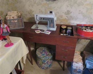 Singer sewing machine, vintage patterns, buttons