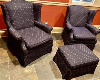2 Upholstered Arm Chairs with Matching ottoman 3pc set $65
Chairs 32.5w x 30d x 36h 
Ottoman on wheels  25x 18.5 x 14h. 