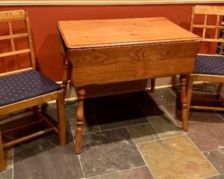 Cherry drop leaf table  $75
42 wide x 21.5d x 35h closed. 
Side chairs $20 ea.  $115 for set