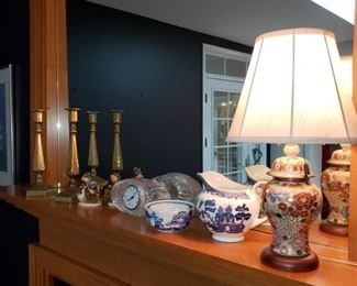 Waterford clock, brass candlesticks, English blue and white and a Chinese style lamp