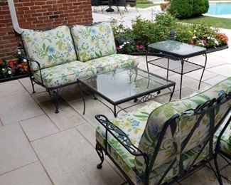 Woodard patio settee, two chairs and tables