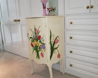 Painted cupboard with Joan Rivers Imperial Flowers and a hand painted vase