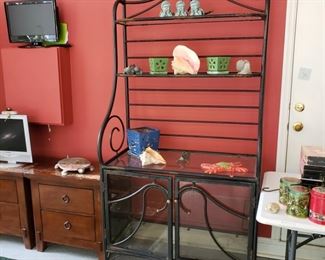 Antique wrought iron and glass bakers rack