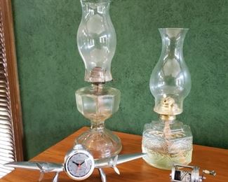 Sarsaparilla chrome plane clock and antique oil lamps