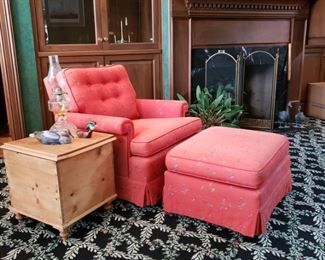 Potty in a pine box and a duck fabric upholstered armchair and ottoman