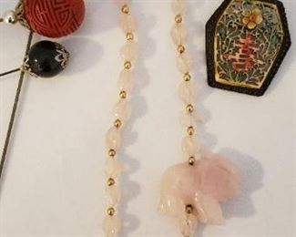 Pink quartz and 14k yellow gold necklace, Chinese carved pin and hatpins