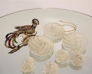 Glass buttons and a Chinese bird pin