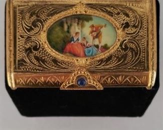 Antique Italian scenic loose powder compact with beveled mirror in lid