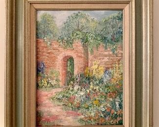 $150 "The Walled Garden" ; original oil signed;  23"H x 19"W framed.