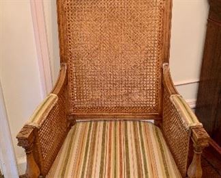 $150 One cane high back chair 47"H x 24"D x 21.75"W. (hole in cane on back of chair).  AS IS