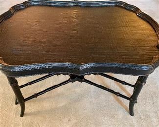 Additional view: Ethan Allen black painted coffee table with flower motif top