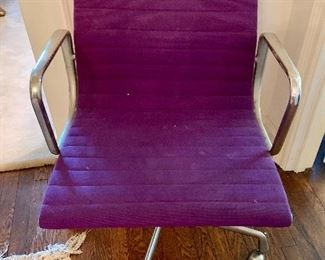 $600 Pair of Eames style chairs, purple fabric.  31'H x 21"D x 20"W.  