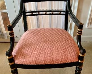 $195 Black and gilt chair in regency style (slight stain on the seat).  36"H x 21"D x 24"W