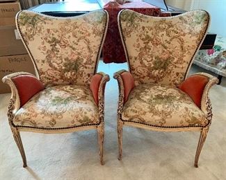 $395 Pair of Baroque style chairs, with quilted seats, velvet sides and back and nailhead trim.  39.5"H x 22.5"D x 28"W