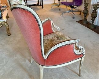 Side view: Baroque style chairs, with quilted seats, velvet sides and back and nailhead trim.  39.5"H x 22.5"D x 28"W