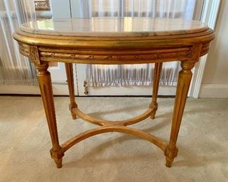 $225 Pink marble top oval side table with gilt base.  21.5"H x 20"D x 28"W