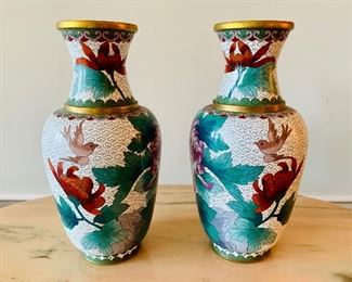 $150 Pair of cloisonne vases ; each 10" H x 5" diameter