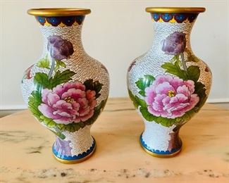 $150 Pair of cloisonne vases ; each is 9" H x 4.5" diameter