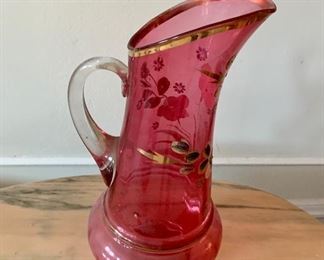 Additional View: Murano rose colored glass pitcher with painted flowers.  13"H