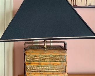 $125 Woven basket lamp and black rectangular shade; 24.5" total height ; shade is 19" x 11.5" ; tested and working