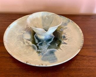 $45; Hand crafted glazed chip and dip platter signed Janet Duchesneau ; 10.5" diameter