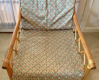 $95 One rattan chair ; 25" W x 33" H x 32" D ; small rip to seat cushion