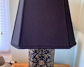 $125; Asian Tea Caddy lamp;  25" total height to finial, 14" square shade ; tested and working