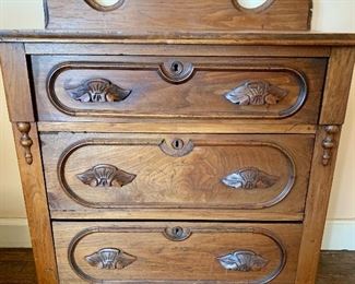 $150 Detail small Eastlake style three drawer chest. 34.5"H x 15.5"D x 30"W