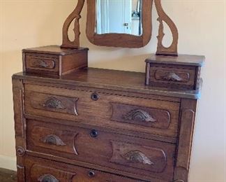 $250 Eastlake style three drawer dresser with vanity drawers and mirror. 71.5"H x 18.5"D x 40"W