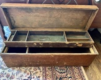 Open view: Vintage wood tool chest. 11.5"H x 12"D x 35"W