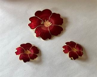 $30; Cloisonné pin and clip-on earrings