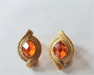 $20; .925 Sterling silver and orange CZ clip-on earrings ; 1" x 5/8" 