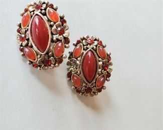 $20; Red-orange vintage costume clip-on earrings ; 1" x 1.75"
