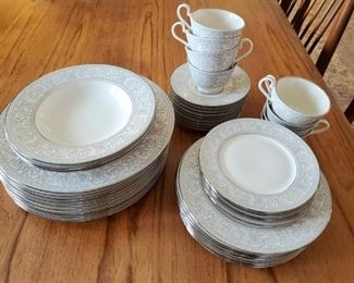 $50; Franciscan China, Platinum Renaissance pattern
10 dinner plates
9 salad plates
5 bread and butter
3 soup bowls
9 saucers, 8 teacups
