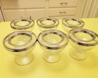 $50; Set of six shrimp cocktail bowls, glass and stainless steel ; 5" diameter 4.5" tall ; Gemco Japan
