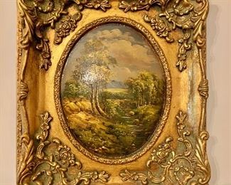 Original painting on convex oval canvas with ornate gold oval frame. 15"H x 12.5"W