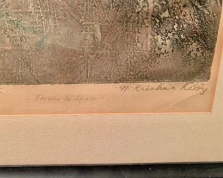 Detail; Framed etching  signed Krishna Reddy