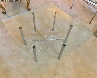 $450; Mid Century Modern Chrome and Glass Coffee Table;  hexagonal chrome base with square glass top