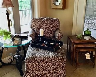 Leopard Print Chaise, Set of 3 Stacking Bamboo Side Tables, Glass/Wrought Iron End Table