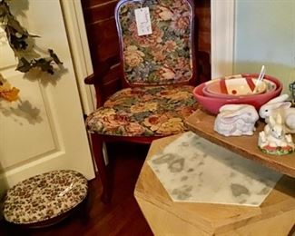 Mid-Century Octagon Side Table w/Marble Top, Tapestry Chair, and small stool